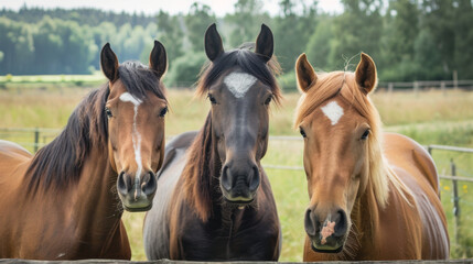 Fototapeta premium Three curious horses posing for a photo
