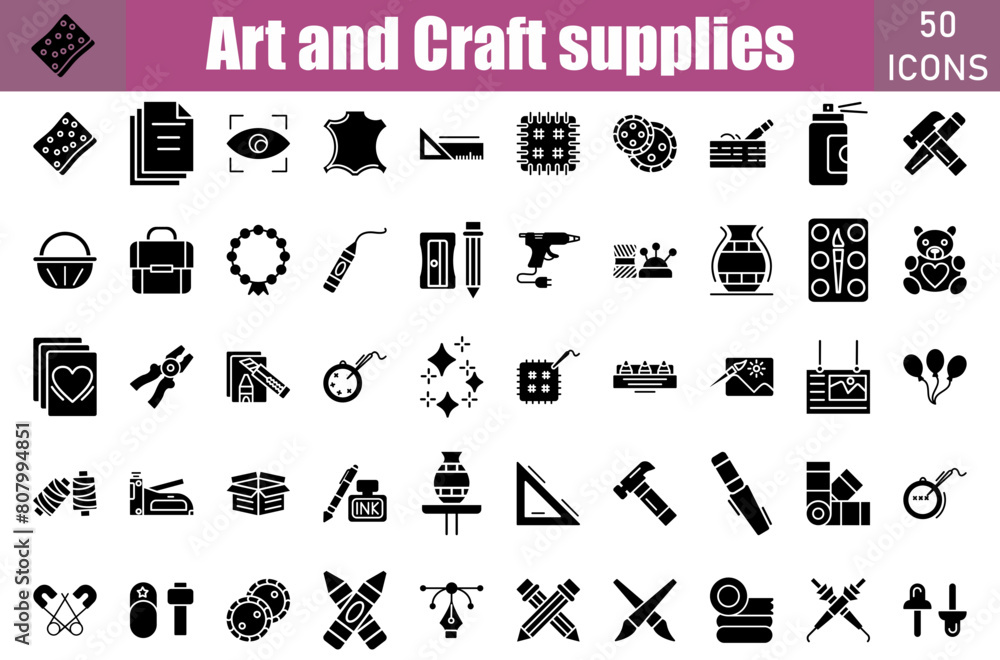 Wall mural Art And Craft icon set. Containing eye, scissor, pencil, rular,pin and more. Vector web icons collection