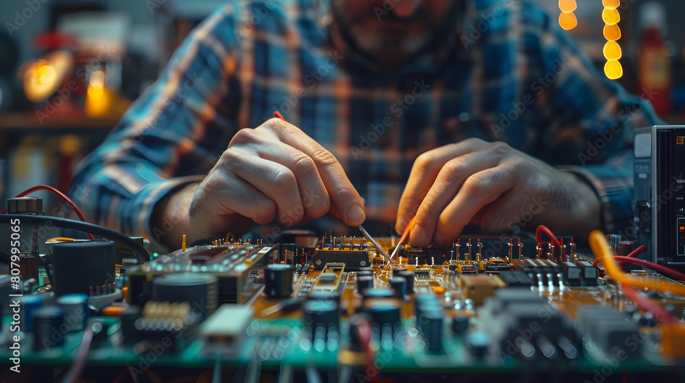 Poster electrical engineer testing power supply concept: a professional testing voltage levels and current 