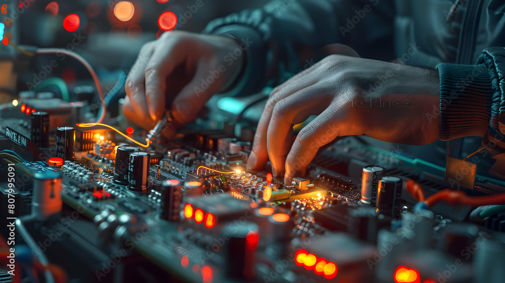 Poster photo realistic image of an electrical engineer testing a power supply to verify voltage levels and 
