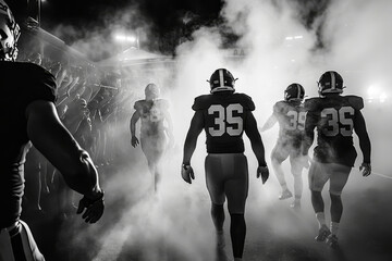 Football players in action, walking through smoke on the field in a dramatic black and white photo