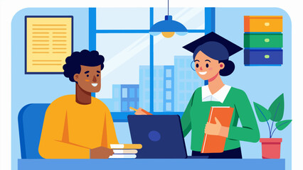 In a brightly lit office a student and a financial aid officer go over the details of a scholarship celebrating the excitement of having their tuition. Vector illustration
