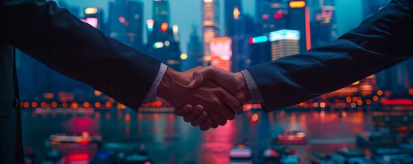 Two businessmen shaking hands over a city background with a glowing handshake.