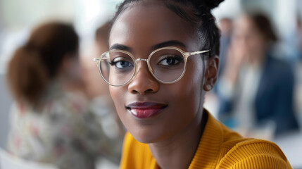 Young woman in glasses with a focused thoughtful gaze