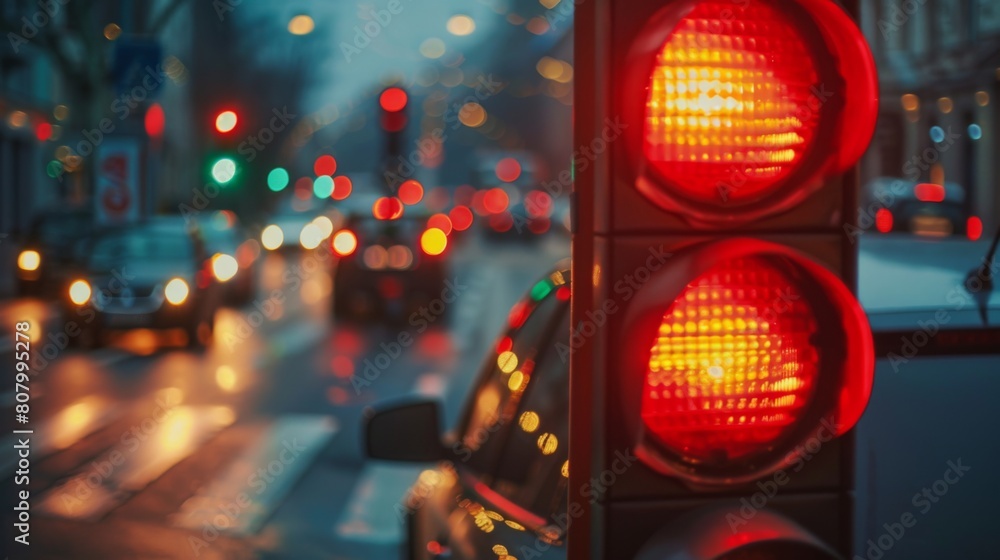 Aufkleber a driver stopping at a red light with blurred traffic in the background, traffic signals
