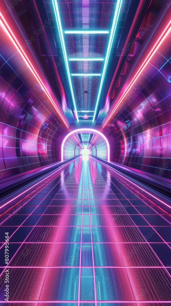 Poster empty future studio with a sleek, neonlit floor extending through a hightech tunnel, ideal for a con