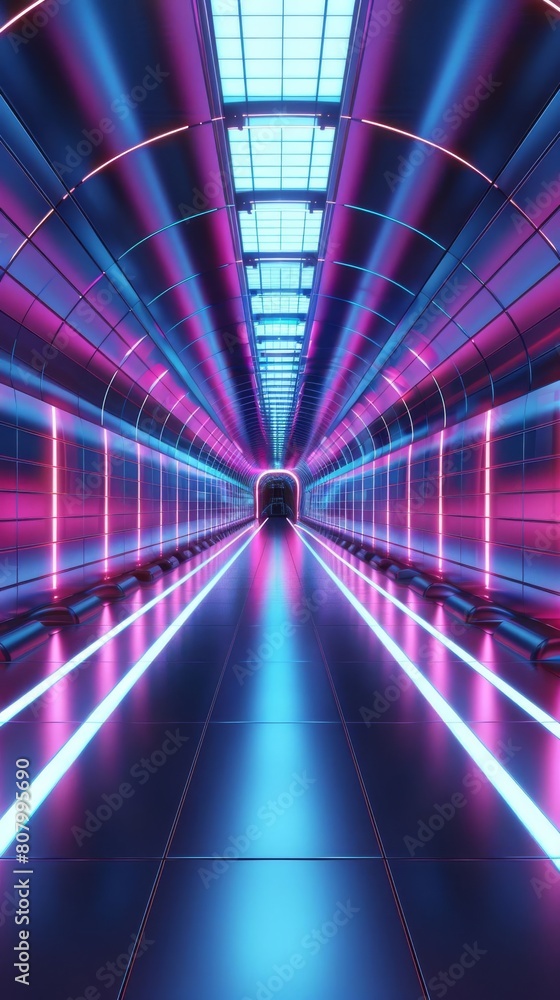 Poster empty future studio with a sleek, neonlit floor extending through a hightech tunnel, ideal for a con