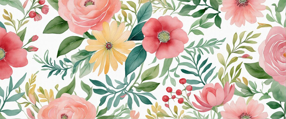 Fototapeta premium Gentle pink watercolor background with botanical leaves and pastel flowers in warm tones