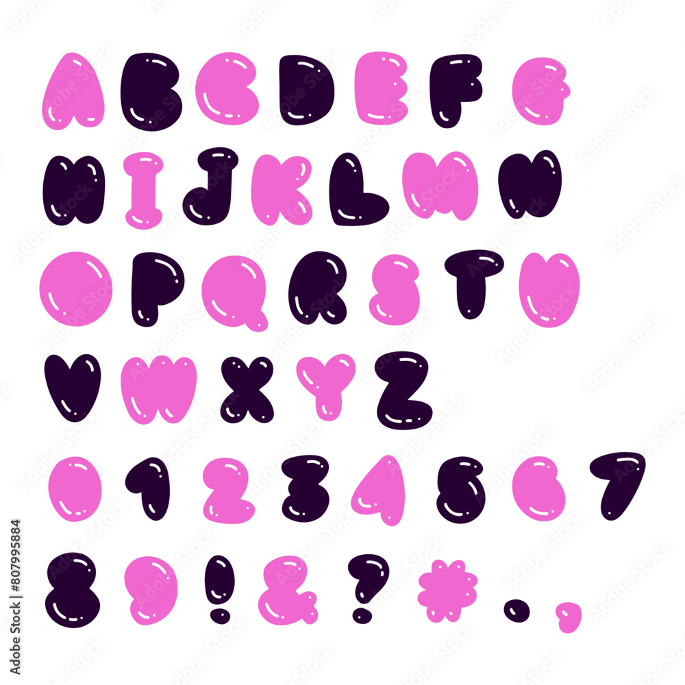 Poster y2k flat bubble style vector font. plump rounded english alphabet with numbers in hand drawn 2000s g