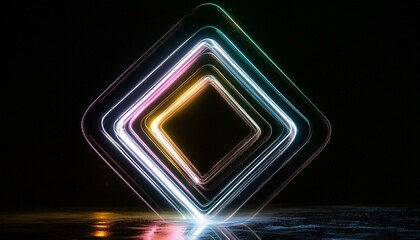 multicoloured neon square shinning bright colours black reflective background