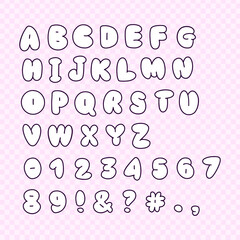 Cute groovy alphabet in y2k retro cartoon style. Pink bubble typeface font with dark contour. Vector outline illustration