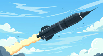 Stylized cartoon of a black missile soaring high in the blue sky with white clouds