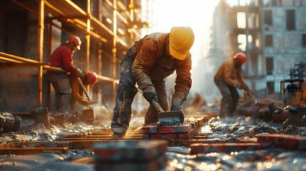 Proficient Masonry Workers Carefully Laying Bricks to Create a Solid and Symmetrical Building Facade - Realistic Masonry Work Photo Stock Concept