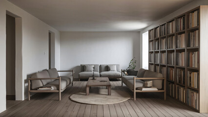 Minimalist living room: clean lines, soft grey sofa, sleek coffee table, floor-to-ceiling bookshelf. White walls, warm rug, natural light, potted plant.