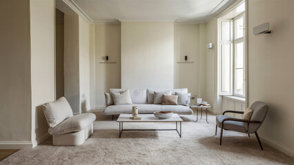 Fototapeta na wymiar Minimalist living room: comfy sofa, sleek table, curated pillows.