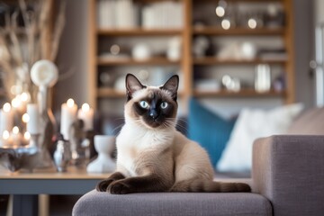 Environmental portrait photography of a happy siamese cat eating in cozy living room background - Powered by Adobe
