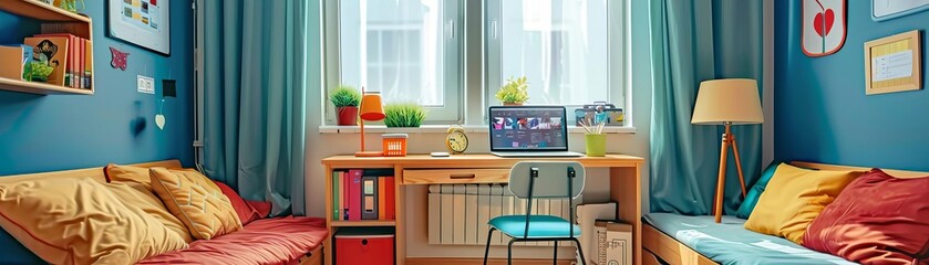 Artistic college dorm room, personalized decorations, intimate shot, warm tones, soft lighting