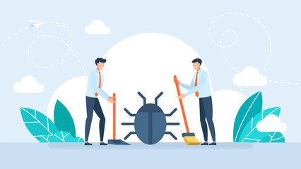 Specialists neutralize the harmful bugs. IT software application testing, quality assurance, QA team and bug fixing concept. Deleting malware, virus, bug or system error. Vector illustration