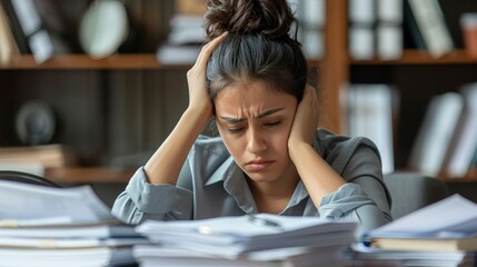Tired businesswoman sitting at desk in office. Exhausted young businesswoman holding head with hands. Stress concept