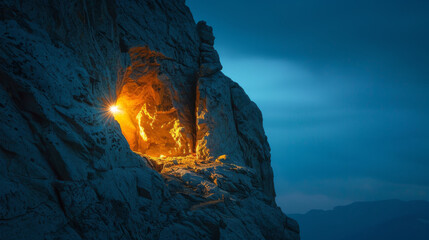 A rock with a hole in it and a light shining through it