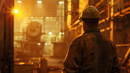 Obraz premium Worker on the background of the warehouse at night. Industrial background