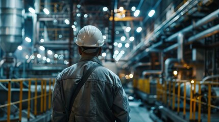 Rear view of male engineer wearing safety helmet and standing in industrial plant