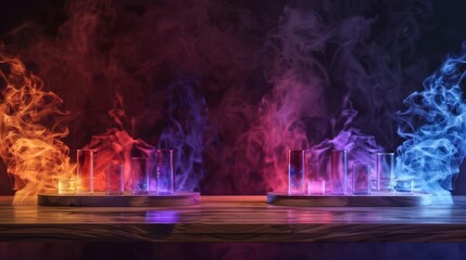 Captivating display on a wooden table with fiery edges, the colorful flames and dark smoke background drawing attention to the showcased products