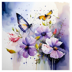 Watercolor artwork showcasing a lush spring meadow adorned with blooming flowers and butterflies. Perfect as a spring aquarelle wallpaper or floral backdrop 