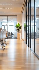 Bright and airy office space, vacant and echoing silence, with a modern conference area softly blurred in the distant background