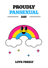 Pansexual Awareness and Visibility Day 24th May, pansexual flag rainbow, happy retro cartoon groovy character. Y2K, vintage aesthetics. Cute mascot design for web, social media, and Instagram stories.