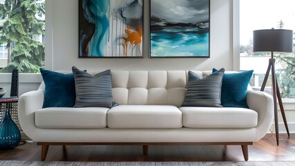 Stylish Midcentury Living Room with Elegant Sofa, Framed Art, and Accessories. Concept Midcentury...