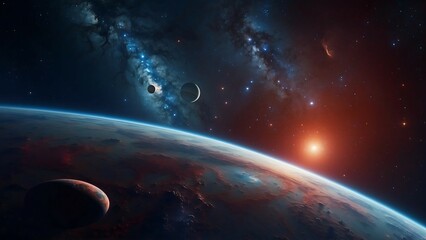 Cosmic landscape with planets, stars and galaxies.