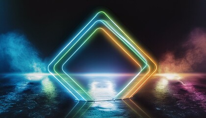 multicoloured neon square shinning bright colours black reflective background