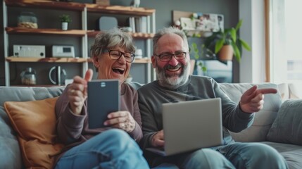 Happy romantic senior couple using tablet enjoying retirement at home, Sitting on the sofa in their modern living room.