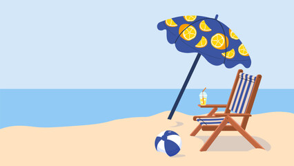 Beach horizontal background. Parasol, beach lounger and inflatable ball. Simple summer template for web, banner, sale. Summer breeze, Sunshine and sea. Vector flat illustration.
