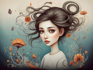 Girl Flower Portrait Surreal Vintage Art
