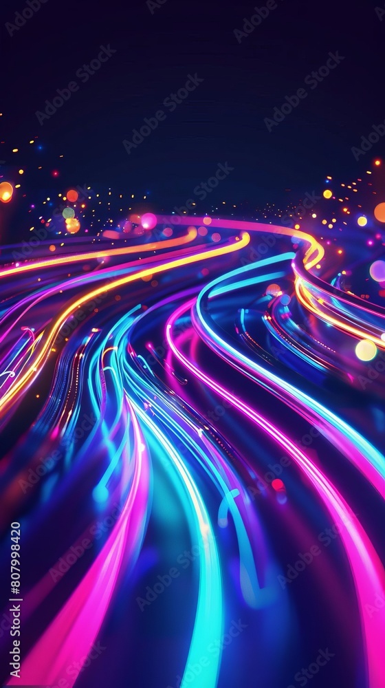 Poster abstract futuristic background with vibrant neon wave lines surging at high speed, interspersed with