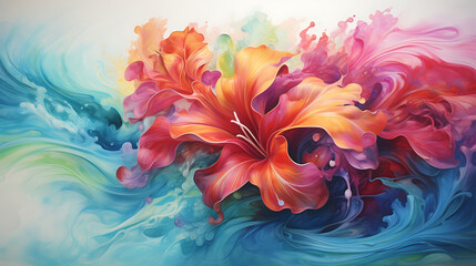 An energetic splash of vibrant watercolor hues symbolizing the chaos and beauty of a tropical storm