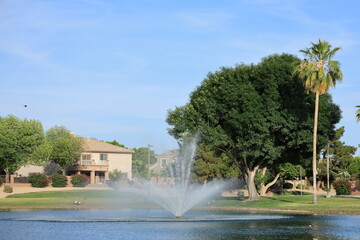 Refreshing cool south lake with fountain and big shady trees at grassy shores of Dos Lagos park in city of Glendale