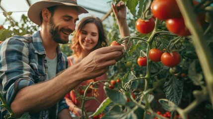 Obraz premium Young couple grew tomatoes in a greenhouse, touching the plants and harvesting the fruits together, Agriculture business concept, Farming in a greenhouse for health and sustainability.