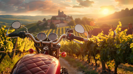 Motorbike Adventure Through German Vineyards - A photo realistic concept featuring a thrilling journey through rolling hills, wine estates, and historic castles on a motorbike in the beautiful German 