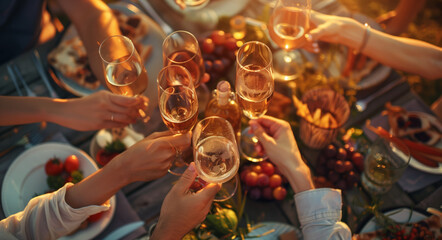 People cheers, making toasts with wine and champagne glasses at a party celebration with friends enjoy a warm summer evening.