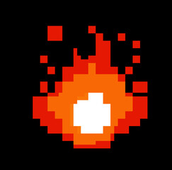 Fototapeta premium Pixelated image of burning flame on a dark background. Game element in 8-bit style.