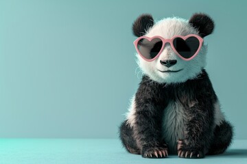 Cute panda cub wearing pink heart-shaped sunglasses against a teal background