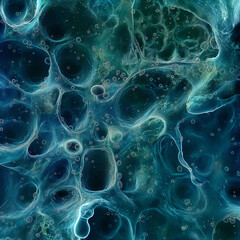 The image is a close up of a blue and green blob with many small bubbles