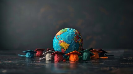 A globe on dark background with brightly colored graduation caps. International graduates concept