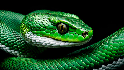 Fototapeta premium Stunning Close-Up of Green Trimeresurus albolabris Snake with Golden Eyes on Isolated Black
