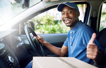 African delivery man, thumbs up and boxes in car, portrait and smile for job in supply chain....