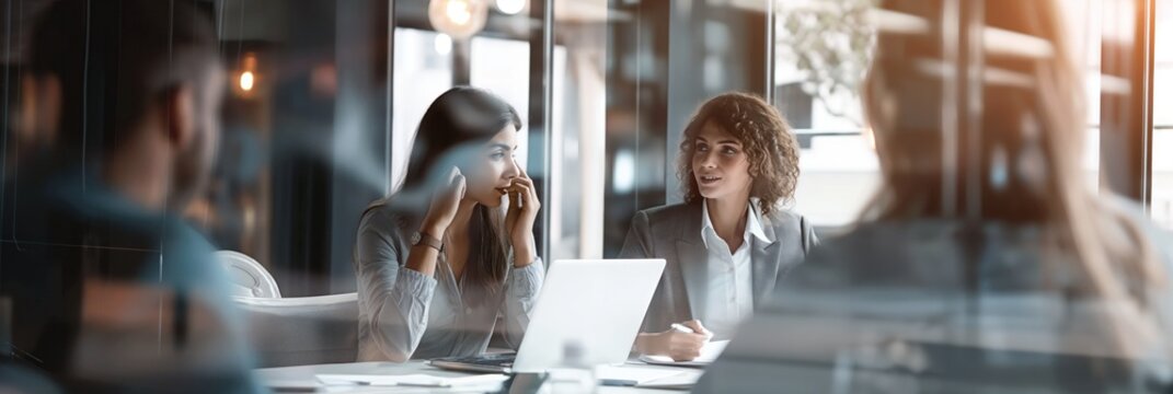 Diverse business team having a discussion in a meeting room. A group of professional people are talking at a table with a laptop and documents, working together on a project plan or making skills trai