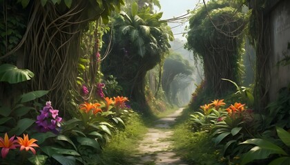 A narrow jungle road bordered by tangled vines and upscaled 4